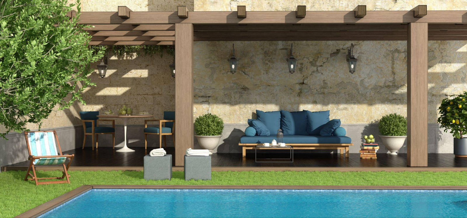 Weatherproof poolside speakers integrated into a luxury pool deck for high-quality outdoor entertainment.