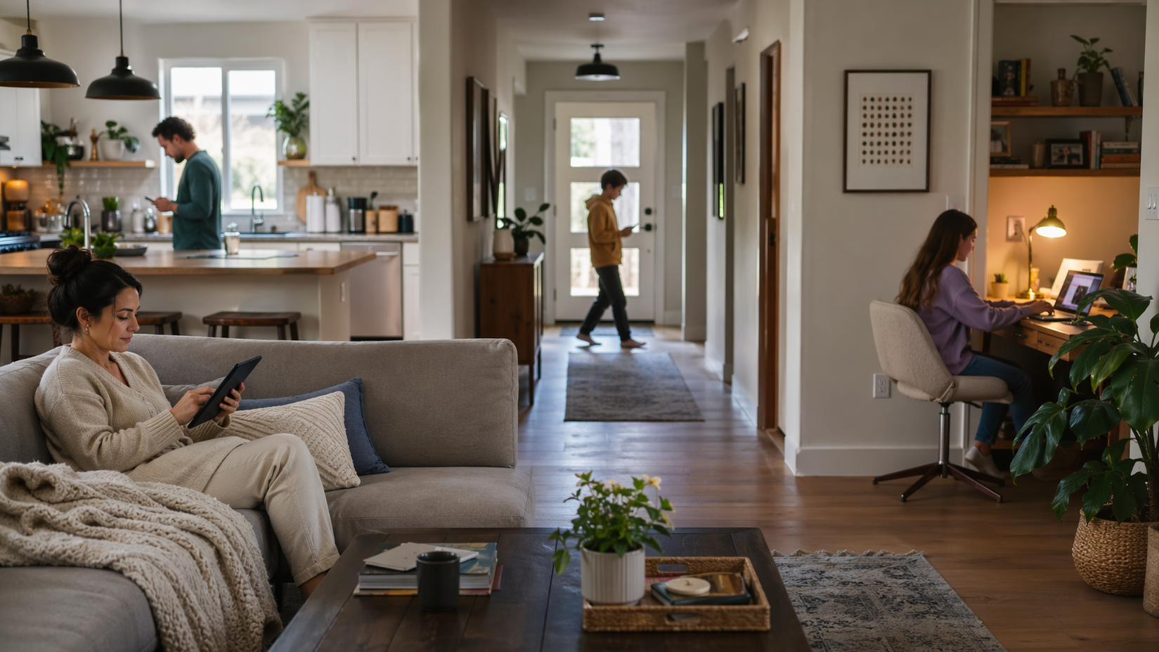 open floorplan home with  mom, dad in the kitchen, daughter on laptop  living room desk and  son in the halway. with a phone all using smart devices to connect to the internet. 