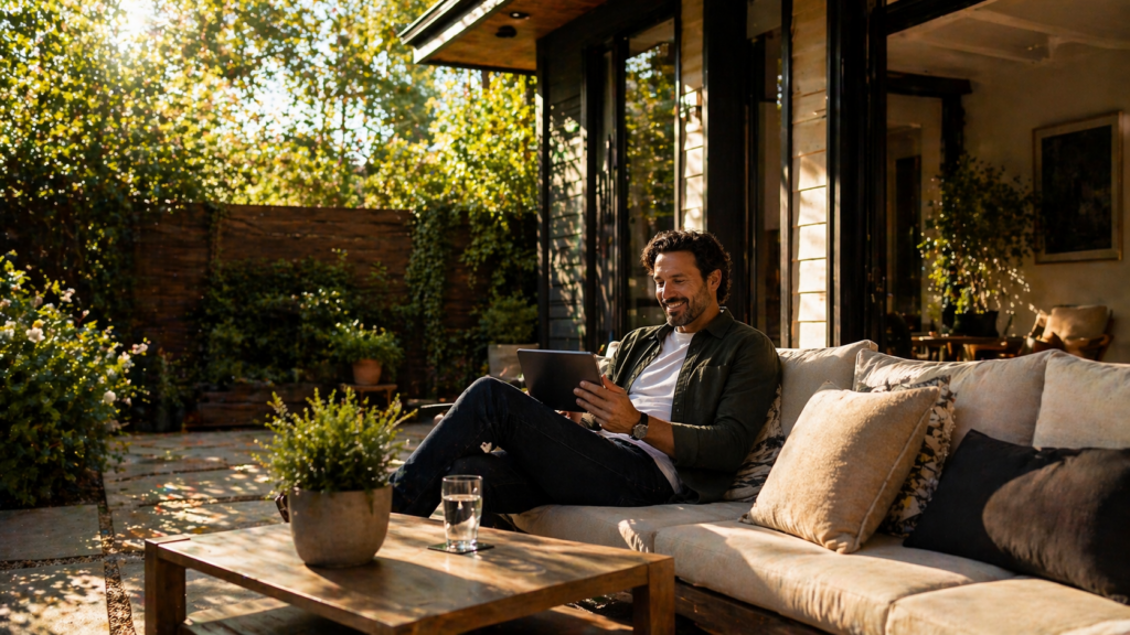 person smiling on the couch outdoors with a tablet. summer day 