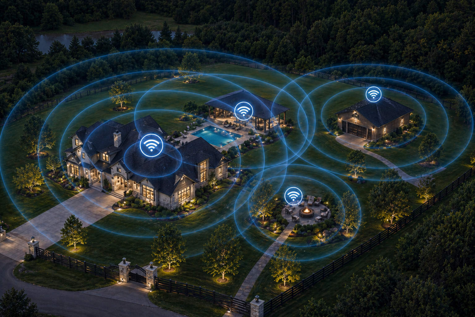 An aerial view of a luxury estate showing multiple overlapping Wi-Fi signal zones covering the main house, pool area, patio, and detached garage.
