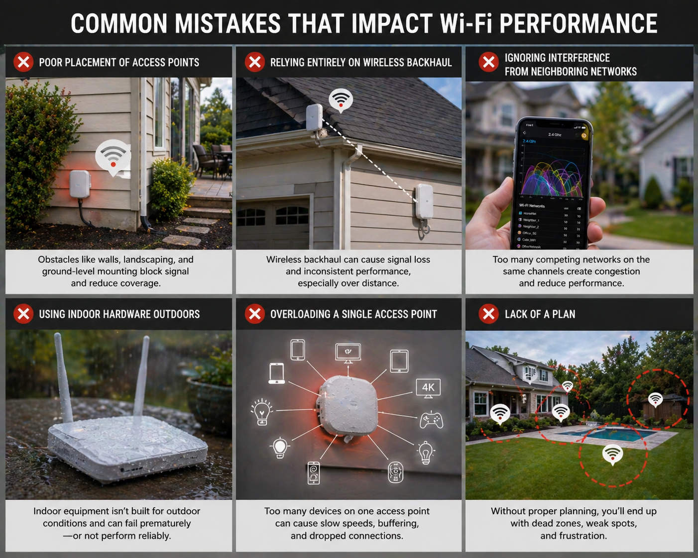 An educational infographic showing six common Wi-Fi mistakes including poor placement, using indoor hardware outdoors, and overloading a single access point.