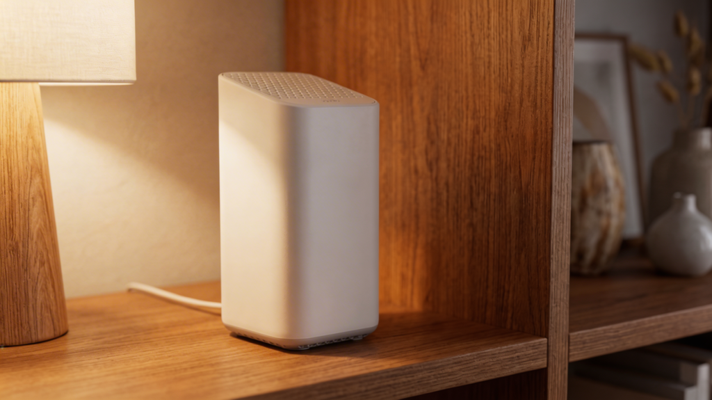 Xfinity modem and router sitting in a modern living room with warm ambient lighting, My Guys Know How services, optimizes, and troubleshoots home modems and routers for homeowners across Naperville and the Chicagoland area.