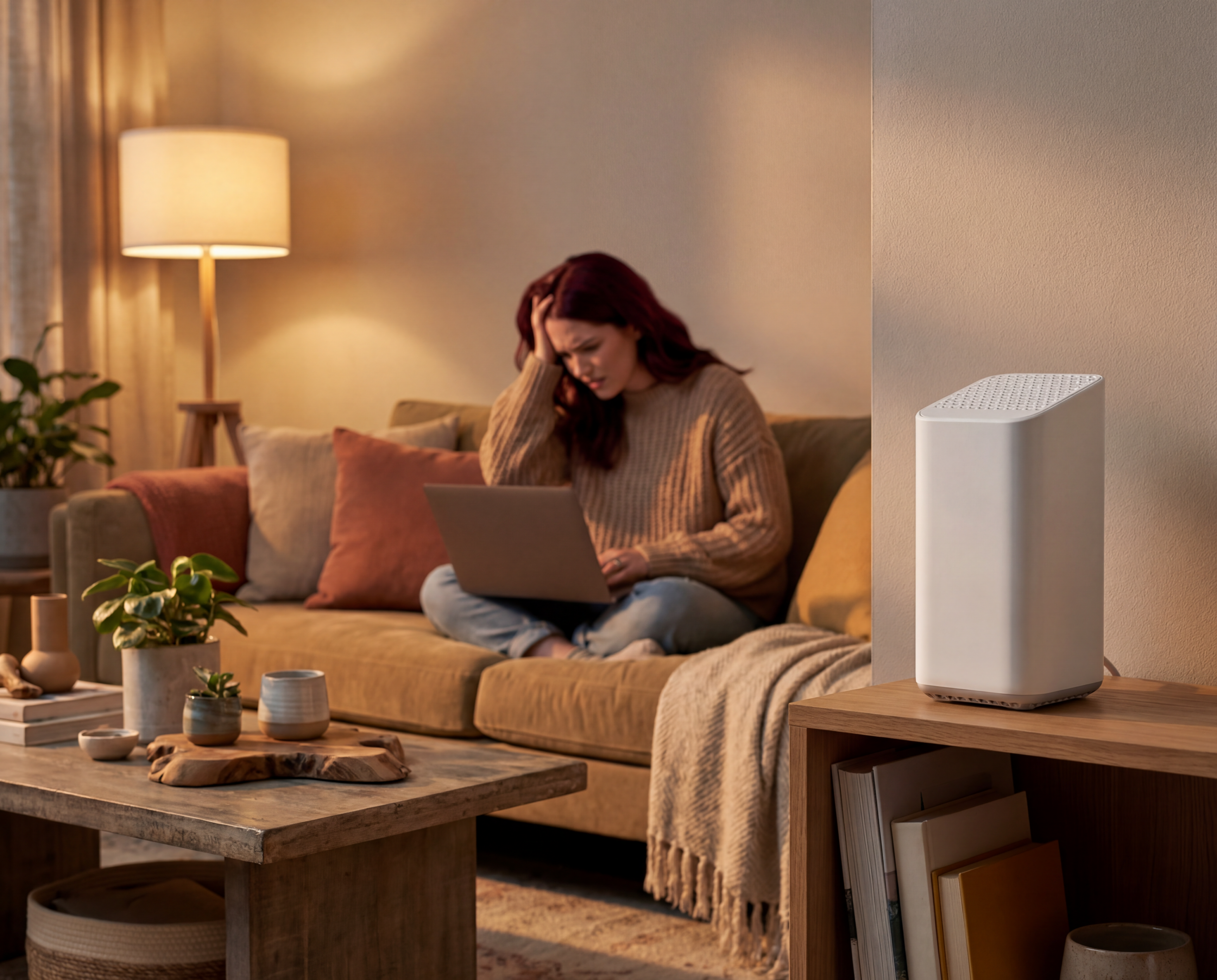 Women on couch visibly upset. and focus on the right side is the internet modem box in white. She is in the living room