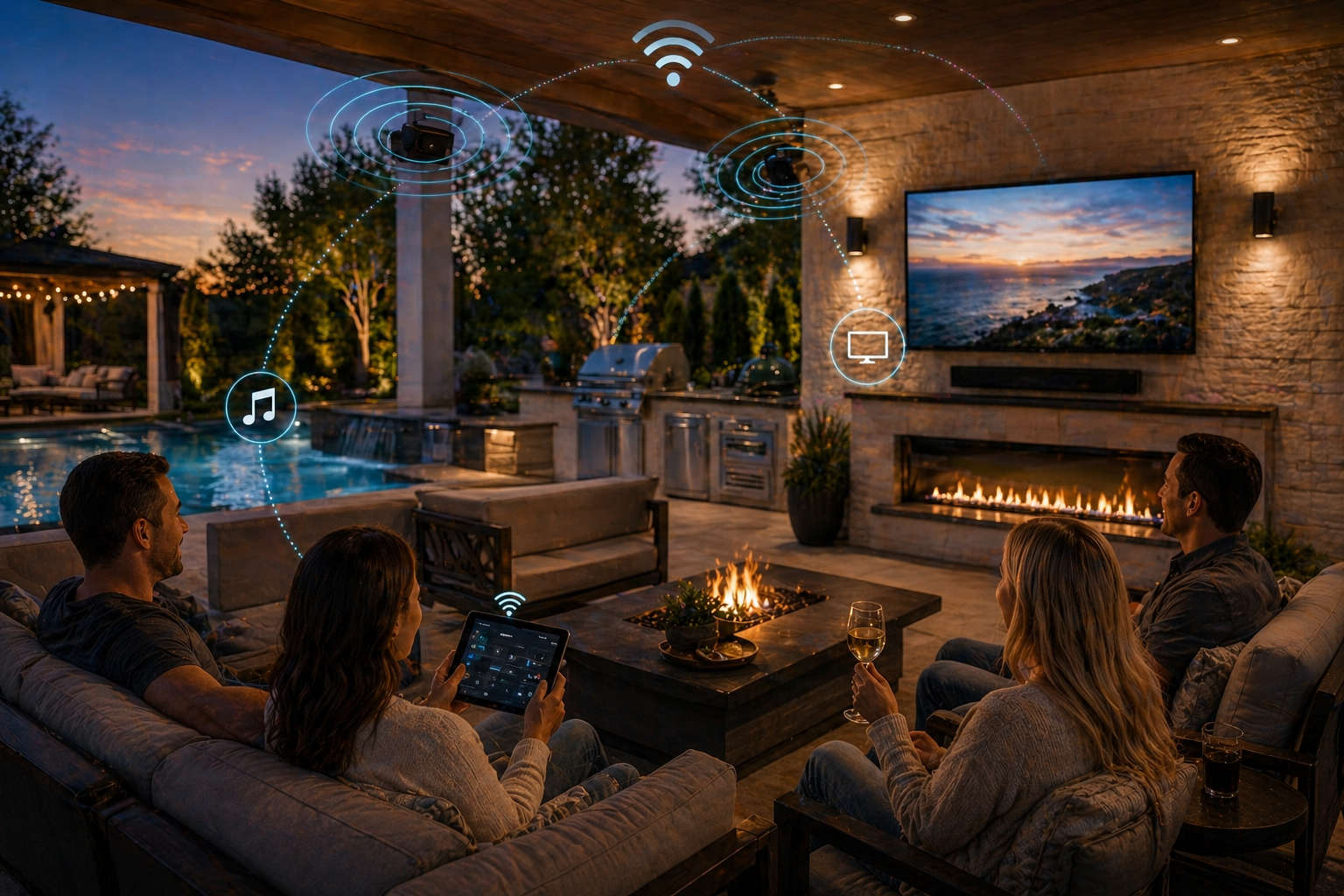 A person using a tablet to control an integrated outdoor entertainment system, with icons showing the connection between Wi-Fi, audio speakers, and the outdoor TV.