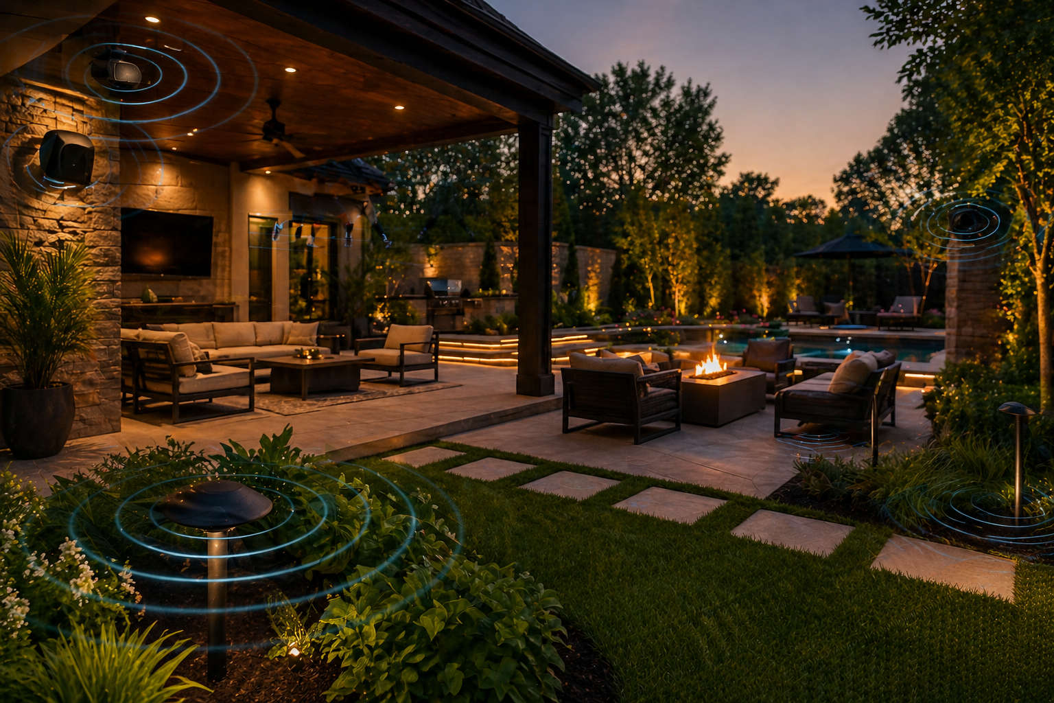 A wide view of a luxury backyard at twilight showing the placement of landscape speakers and subwoofers with blue soundwave graphics indicating even audio coverage.