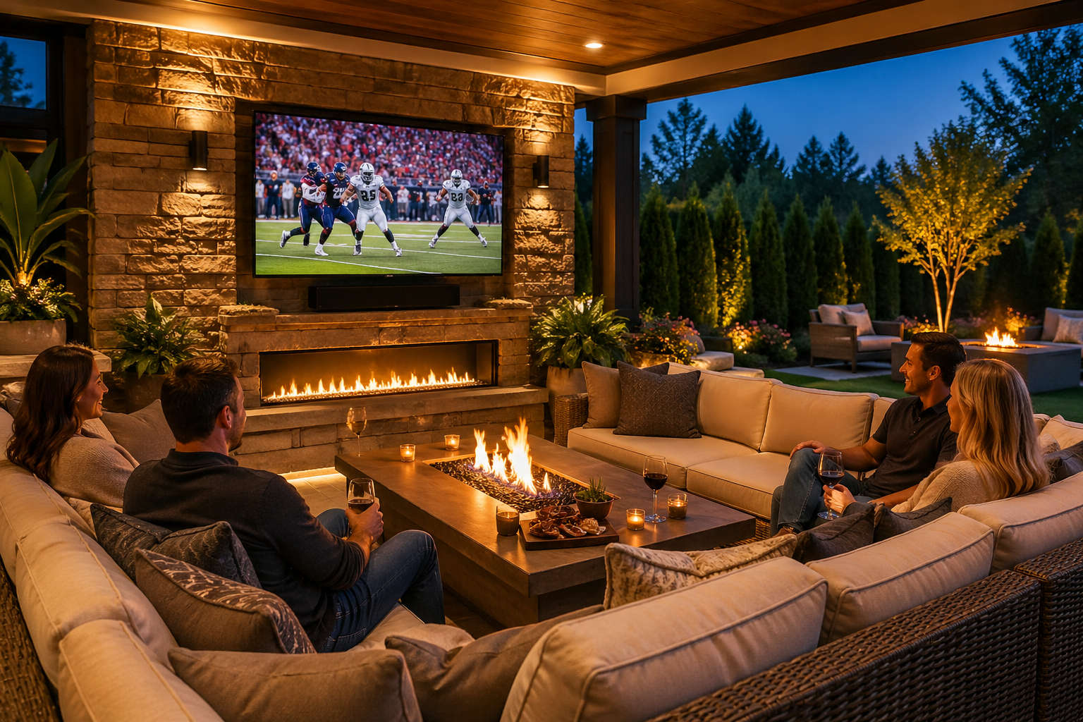 A group of friends enjoying a luxury outdoor living space at dusk with a large outdoor TV, a modern linear fireplace, and a fire table.