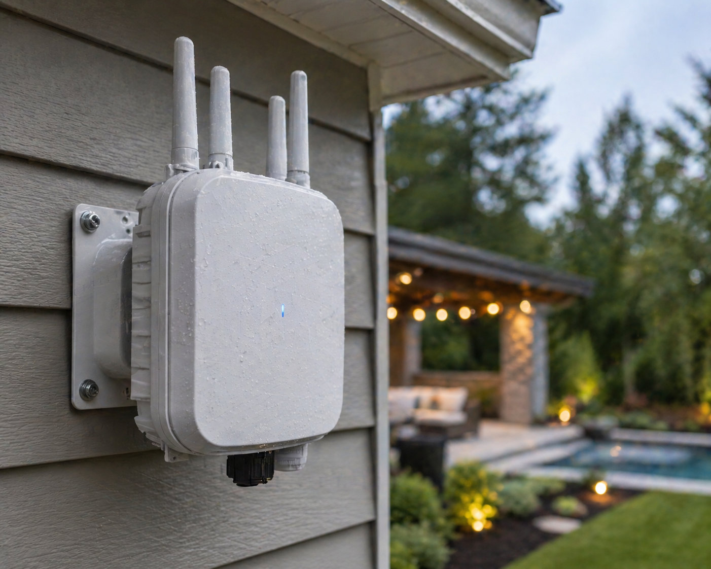 A close-up of a white, professional-grade weatherproof Wi-Fi access point with four antennas mounted to the exterior siding of a house near a pool area.