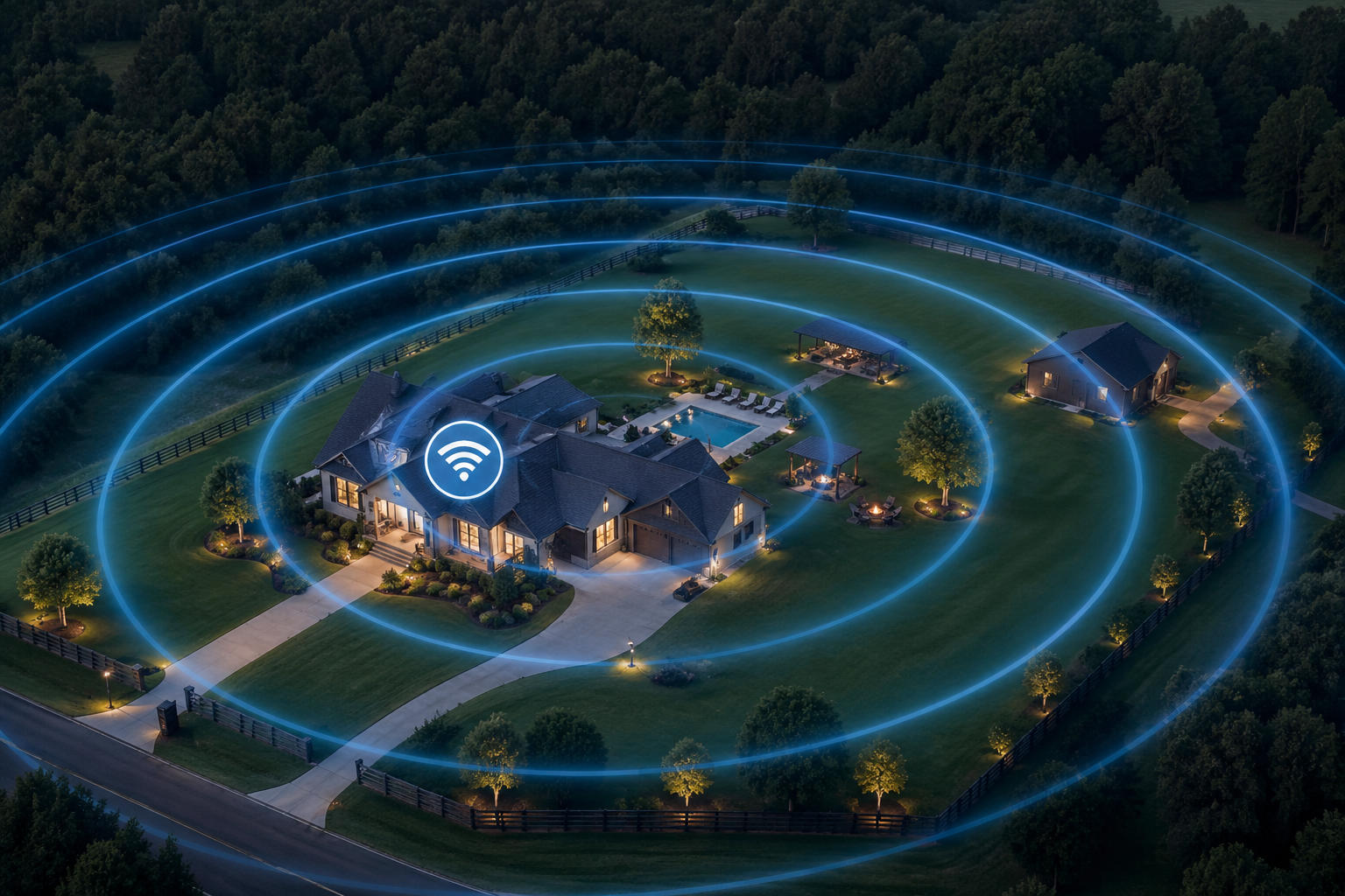 An aerial evening view of a large home with blue concentric circles radiating outward, symbolizing wide-reaching outdoor Wi-Fi signal coverage across the entire property.