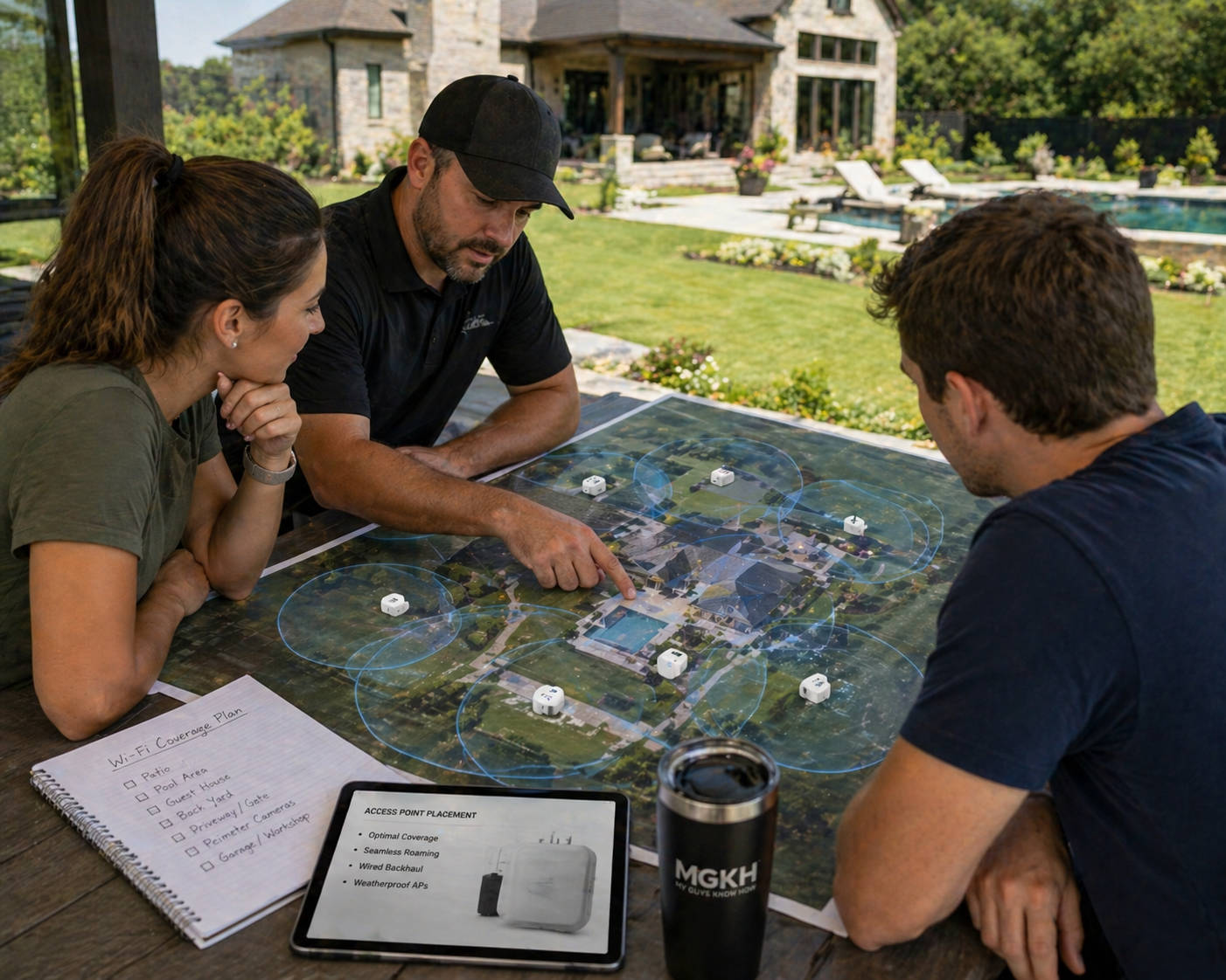 Three people sitting at an outdoor table reviewing a printed site map of a property with Wi-Fi coverage zones and a checklist for patio, pool, and guest house connectivity.