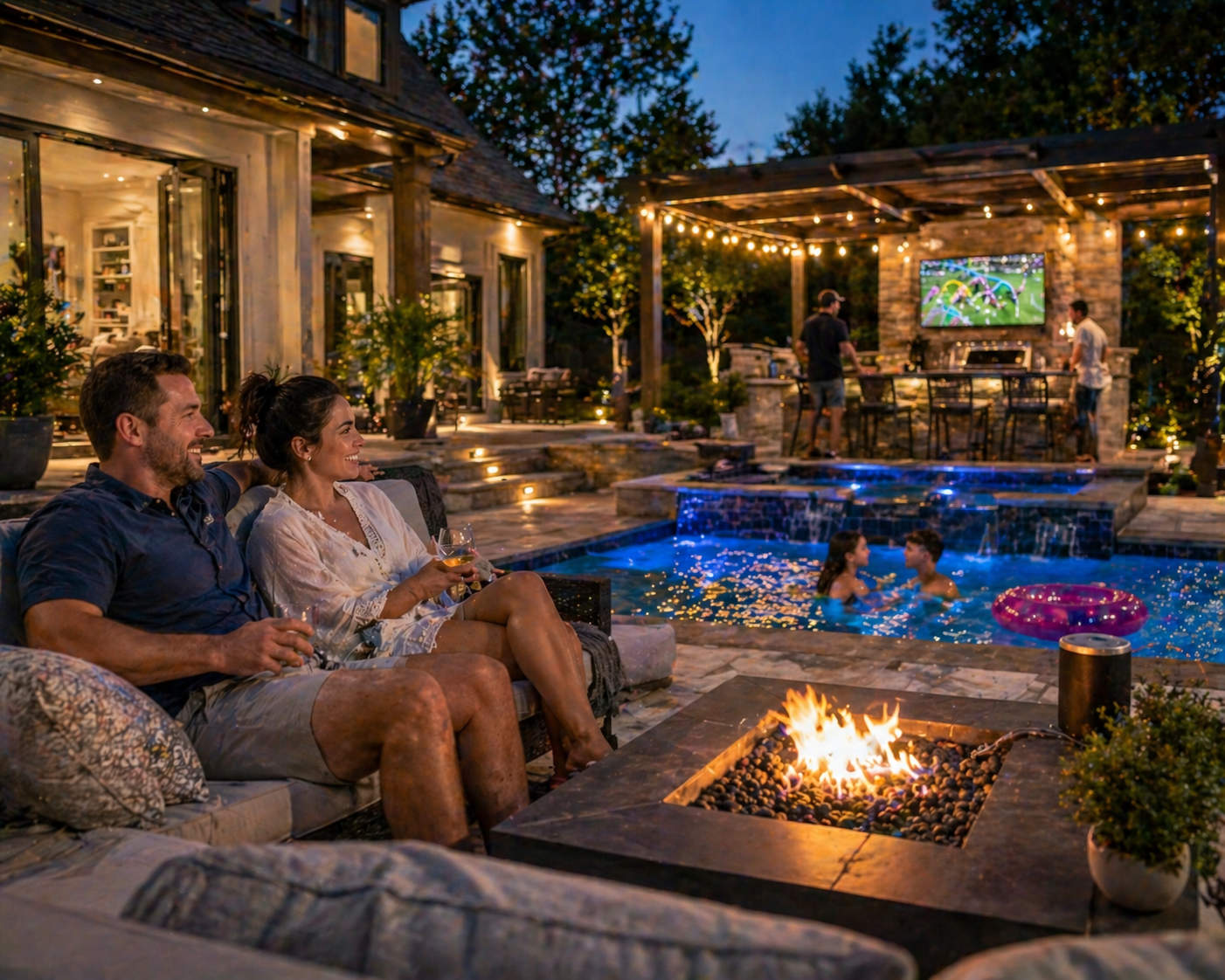 A couple relaxing by a fire pit at night with a clear view of an outdoor TV and a pool, enjoying a seamless smart home experience powered by a strong outdoor network.