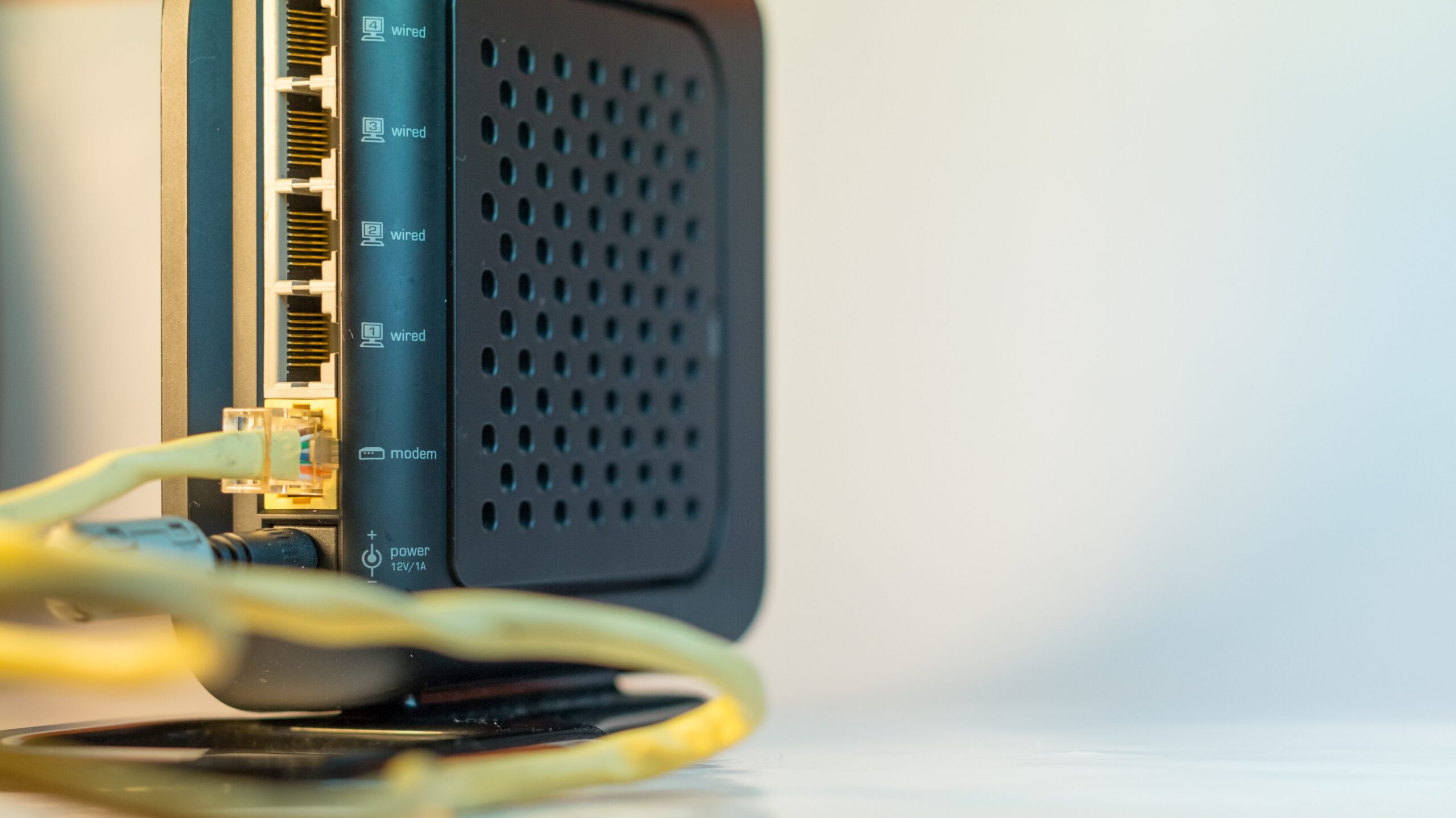 close up image of amodem  that is wired connected 