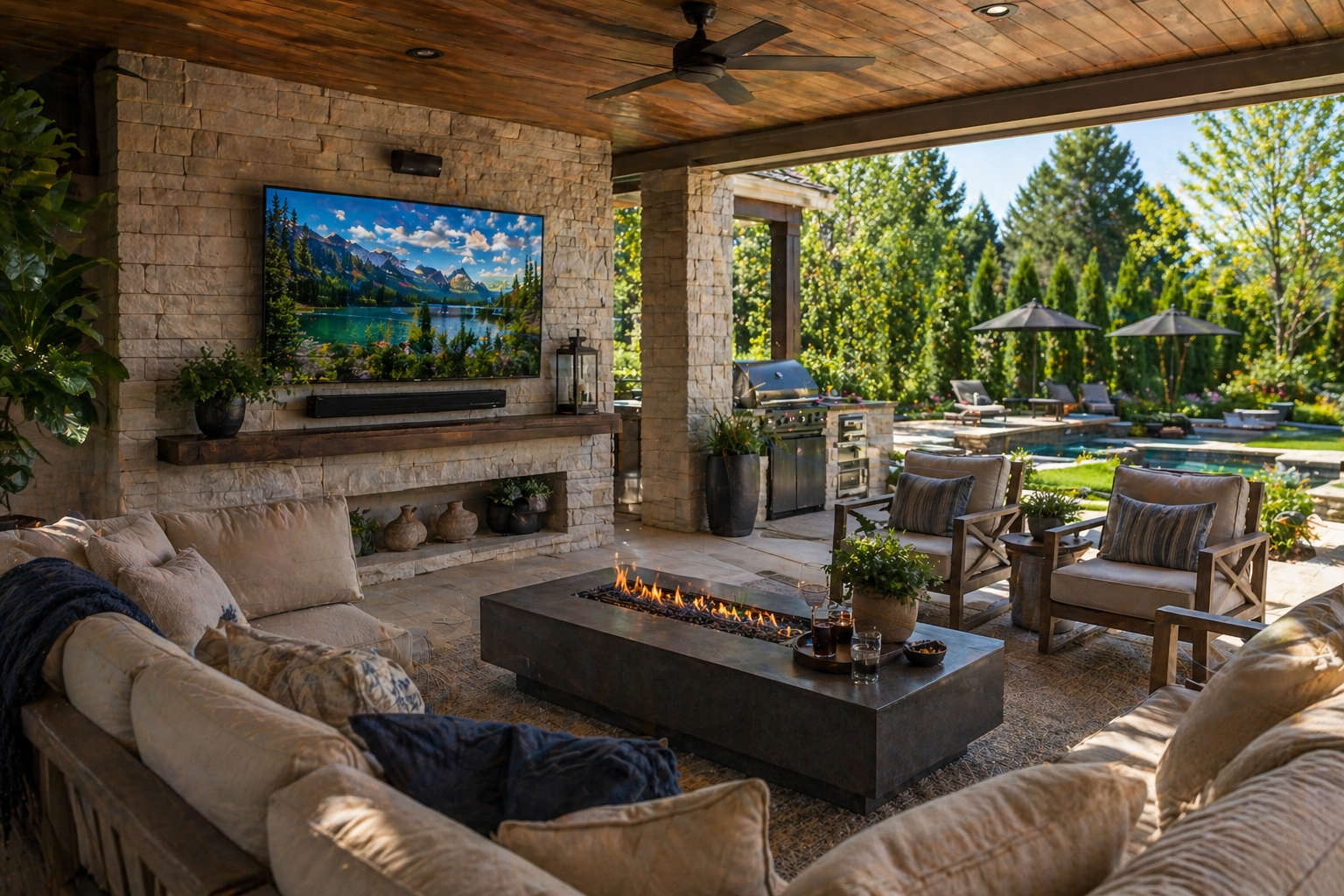 A bright, high-clarity outdoor TV mounted on a stone wall in a covered patio area, showing a clear picture without glare during the daytime.