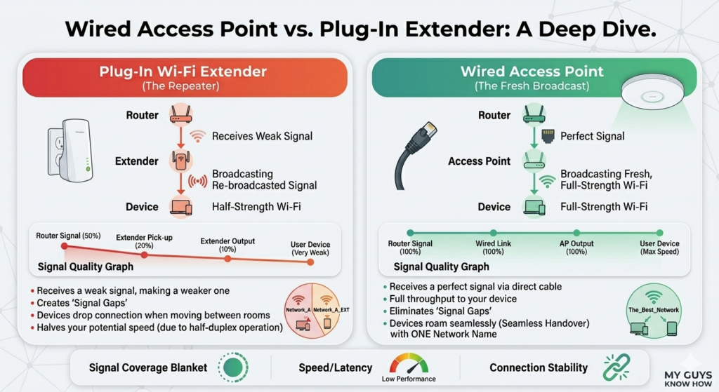 Image illustrates  the difference bettween wired access points and plug in extender and the benefits. 