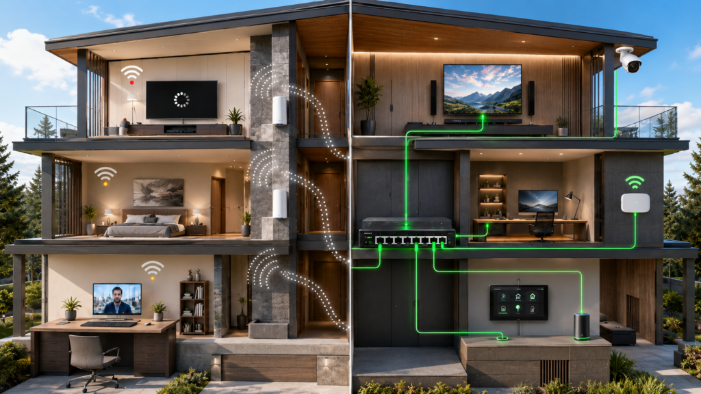 wireless  and one wired.  signal displays low signal on the left, on the right its a solid connection  with a wired switch solution