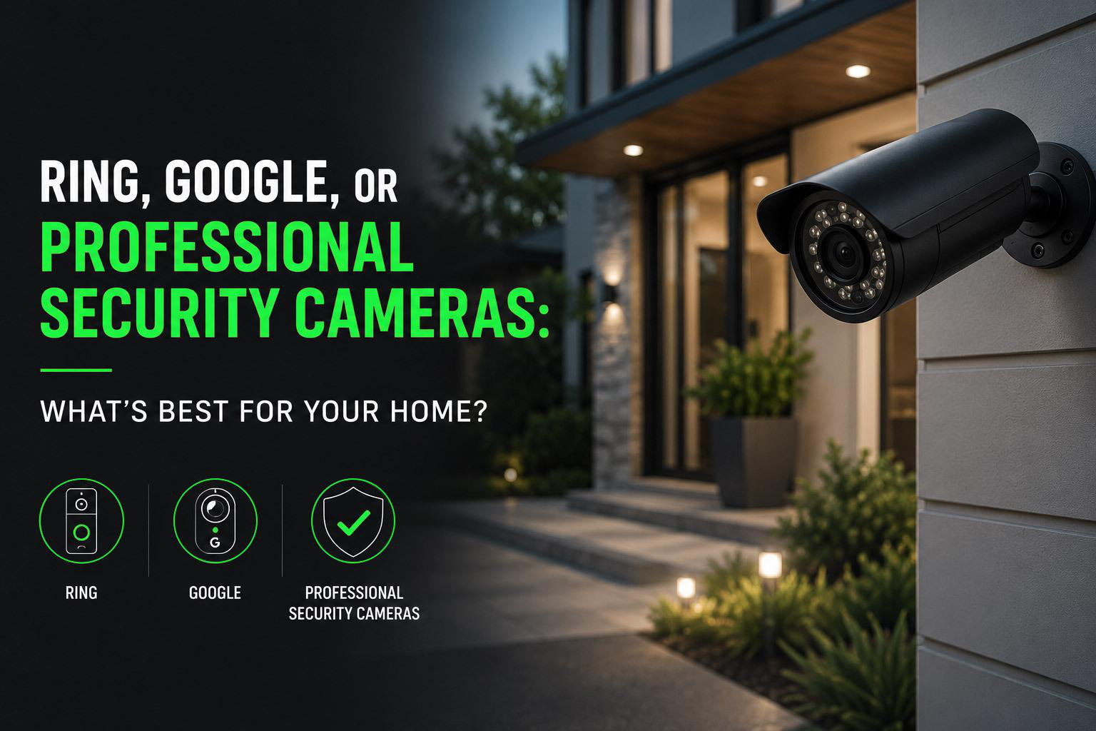 A black professional security camera mounted on the exterior wall of a modern home, with graphic text comparing Ring, Google, and professional security cameras.