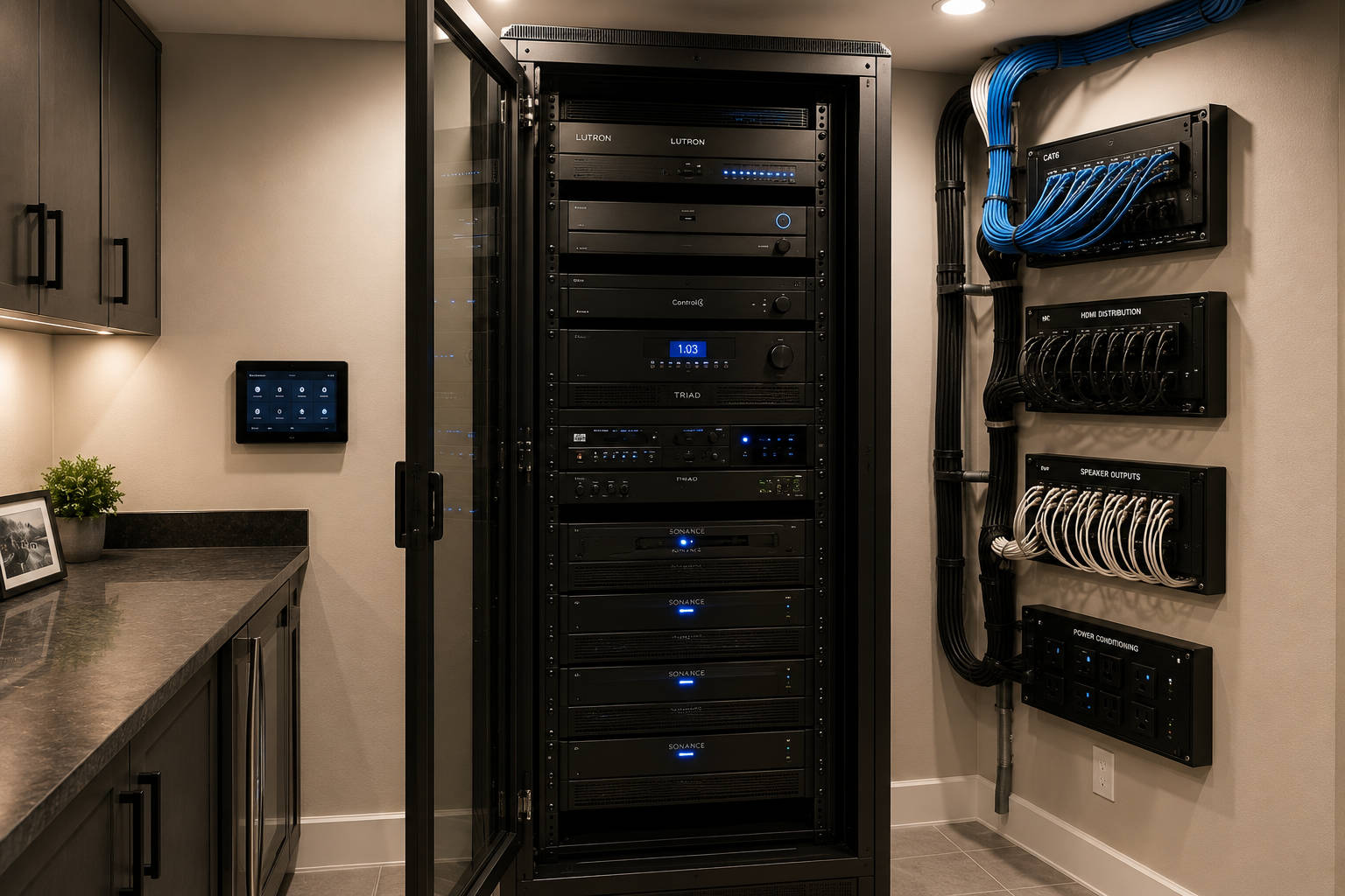 A professionally organized, centralized AV equipment rack housed in a utility closet, featuring cleanly bundled custom AV wiring and a smart home control panel on the wall.