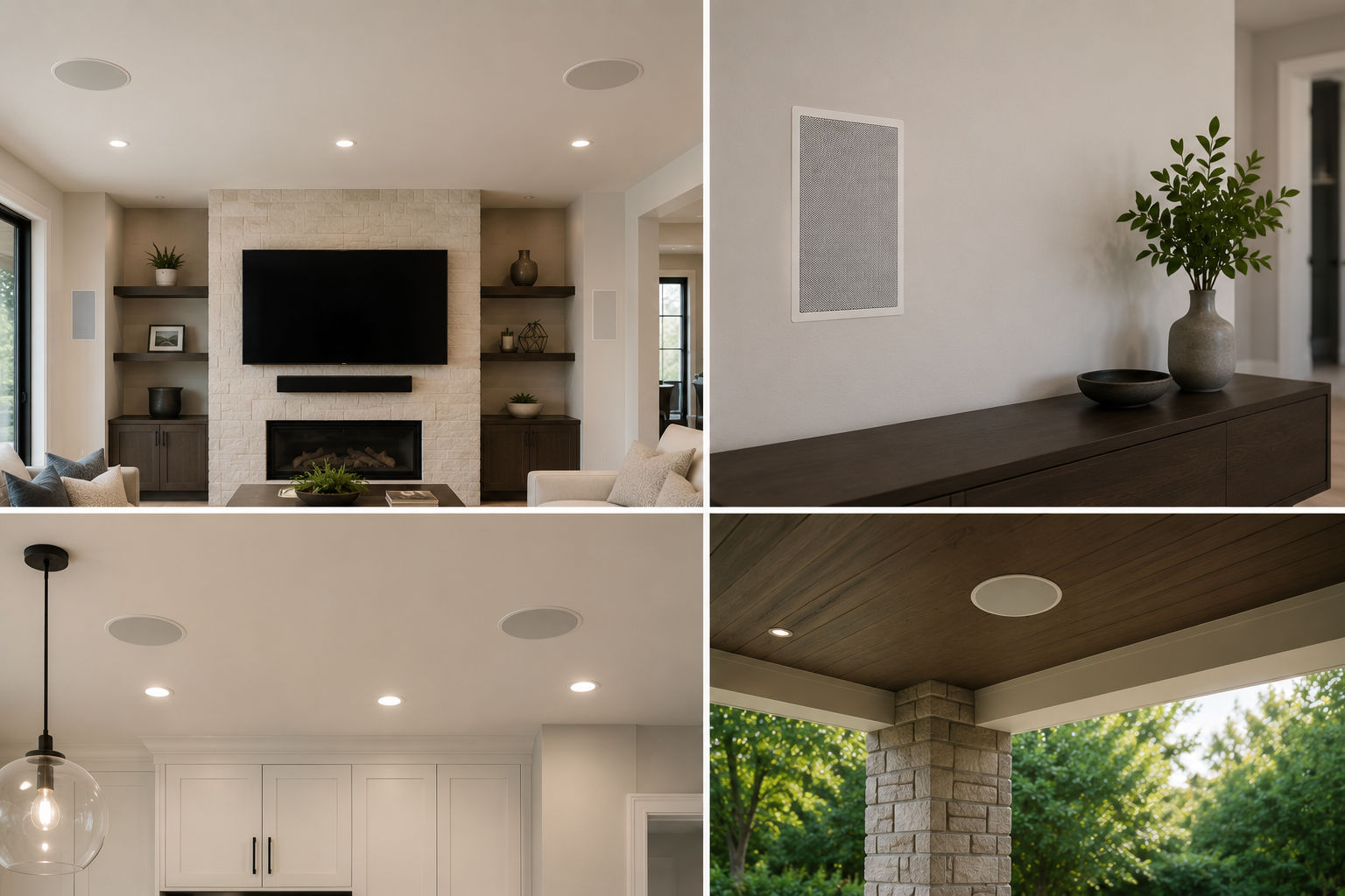 A collage highlighting seamless audio integration, showing flush-mounted in-ceiling speakers and clean in-wall architectural speakers that blend into home decor and outdoor spaces.