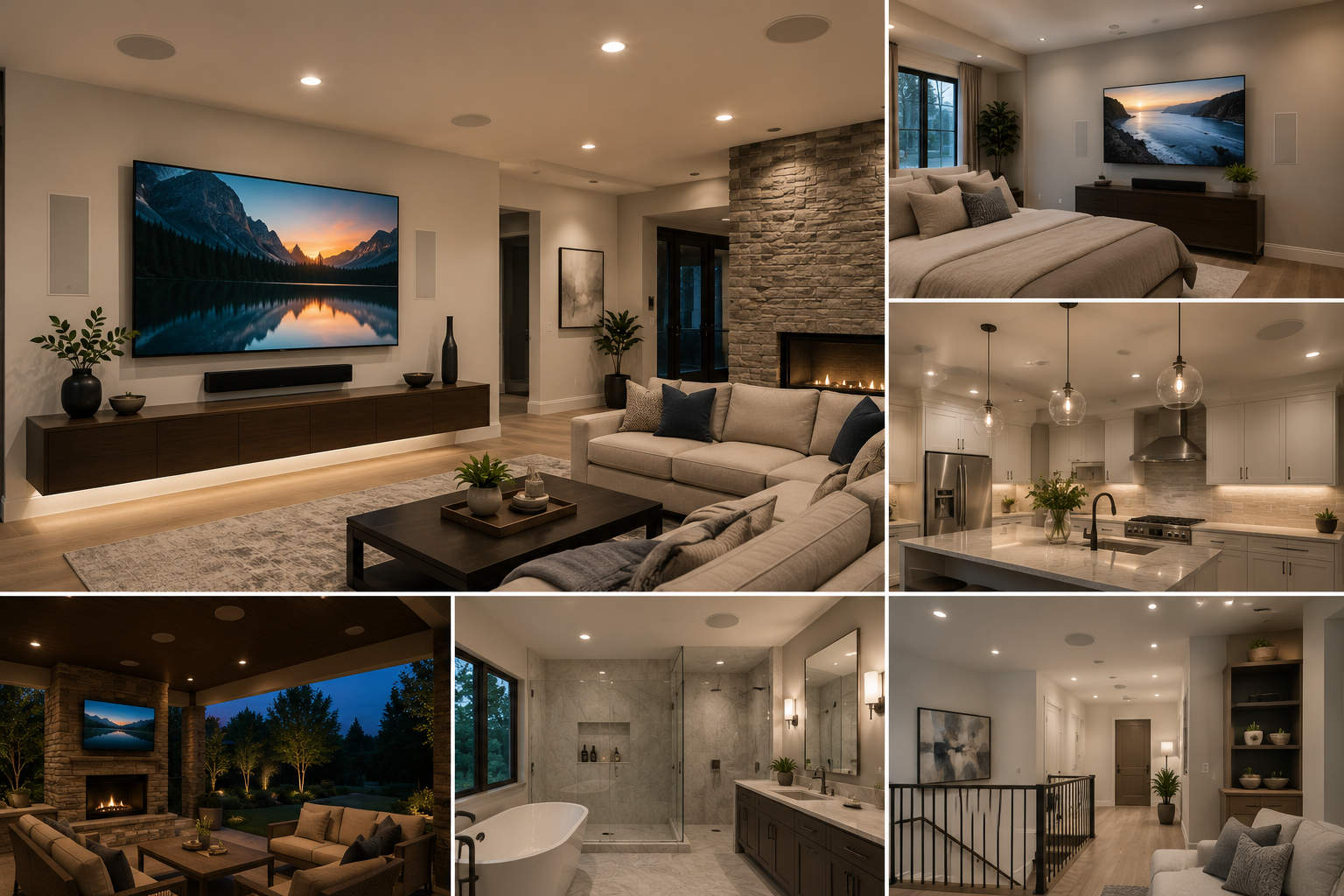 A multi-photo showcase of a luxury home demonstrating hidden technology integration, including clean TV installations and invisible multi-room audio video systems across living spaces, bedrooms, kitchens, and patios.