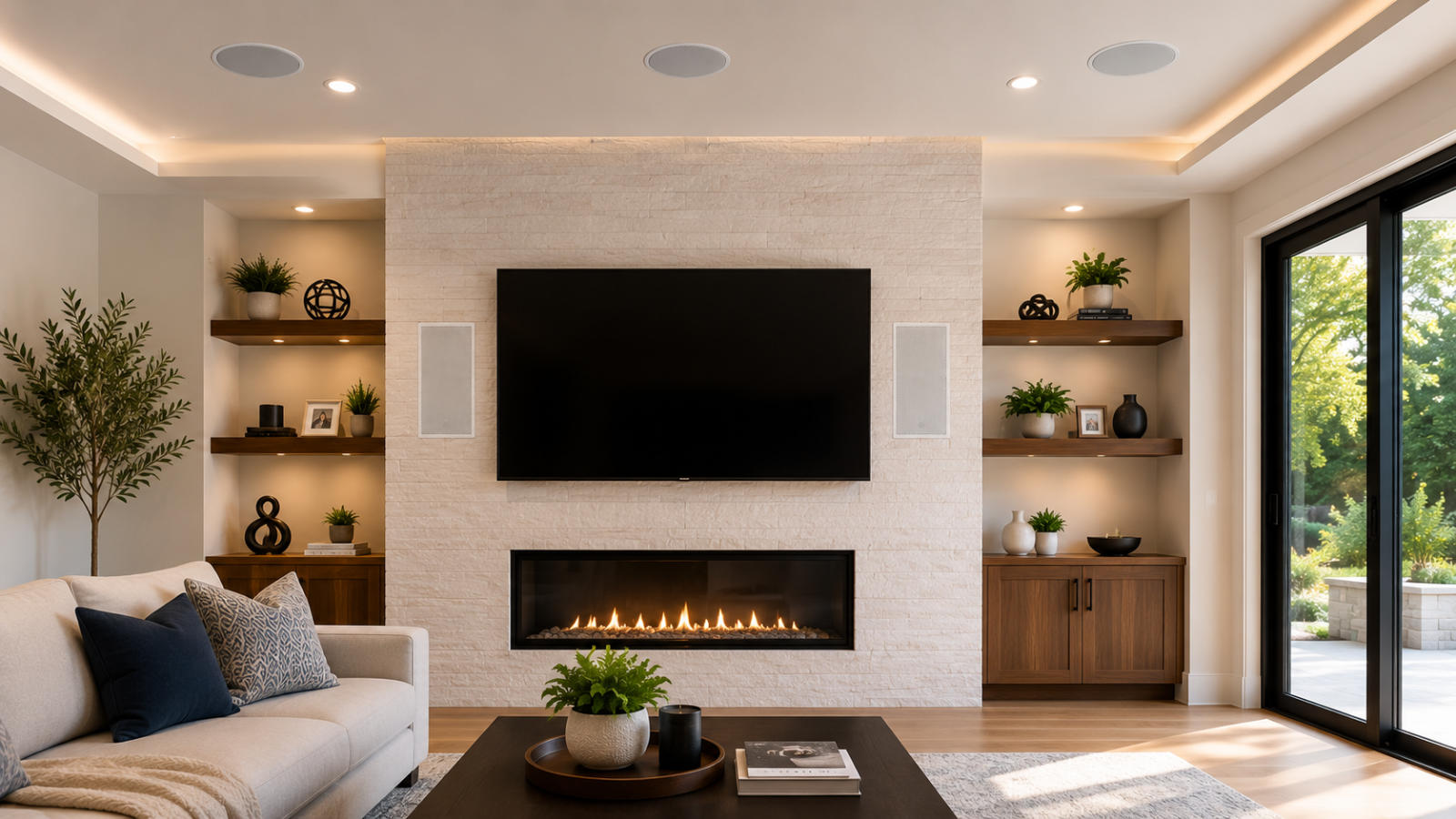 modern-living-room-hidden-multi-room-av-system A luxurious modern living room featuring a flush wall-mounted TV over a linear fireplace, flanked by elegant built-in shelving and discreet in-wall architectural speakers.