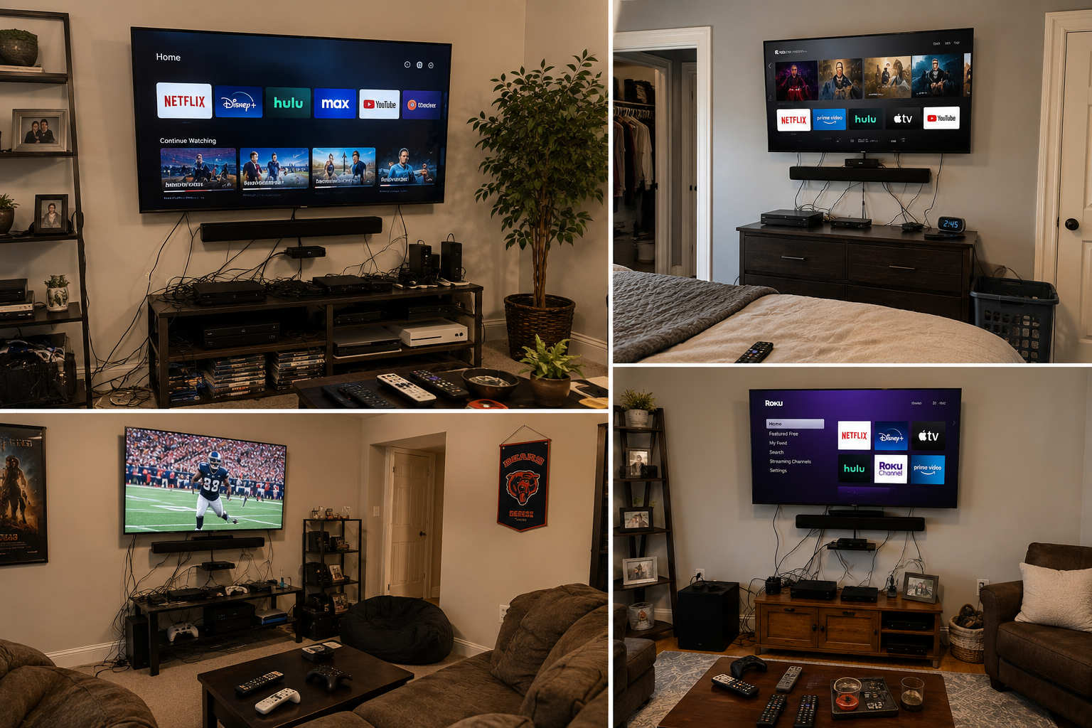A collage of four typical home entertainment setups showing cluttered media consoles, exposed messy wires hanging from wall-mounted TVs, and multiple streaming boxes.